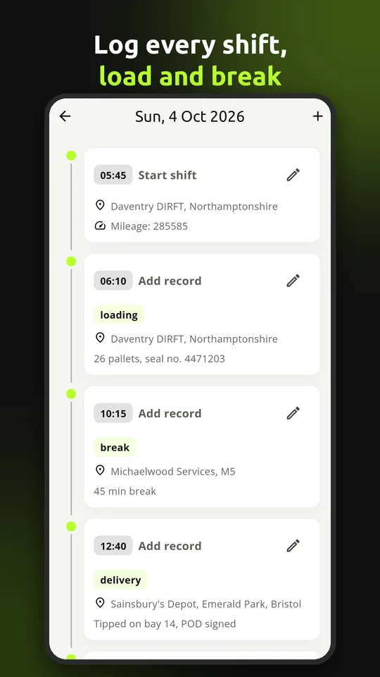 Driver Pad: Full shift timeline